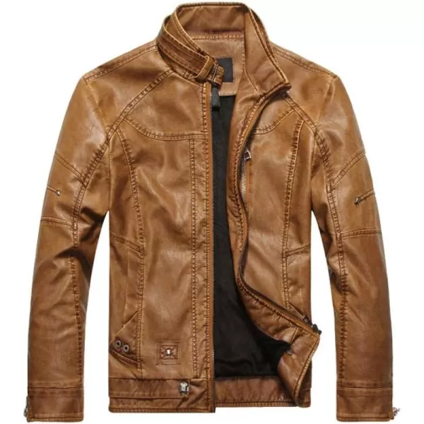 PASOK Mens Faux Leather Jacket Vintage Stand Collar Motorcycle PU Leather Outwear CoatBrown 2