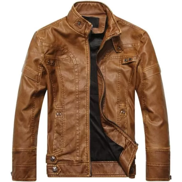 PASOK Mens Faux Leather Jacket Vintage Stand Collar Motorcycle PU Leather Outwear CoatBrown