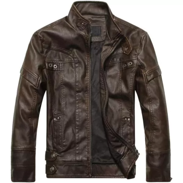 PASOK Mens Faux Leather Jacket Vintage Stand Collar Motorcycle PU Leather Outwear CoatCoffee