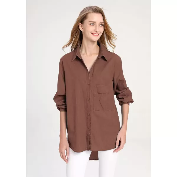 Minibee Womens Long Sleeve Shirts Button Down Blouse Cotton Tunic High Low TopsCoffee