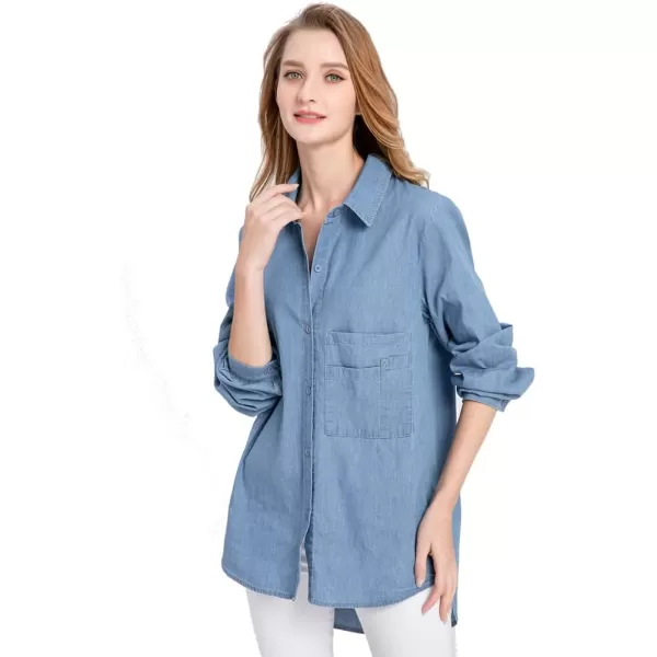 Minibee Womens Long Sleeve Shirts Button Down Blouse Cotton Tunic High Low TopsDenim Blue