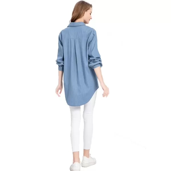 Minibee Womens Long Sleeve Shirts Button Down Blouse Cotton Tunic High Low TopsDenim Blue