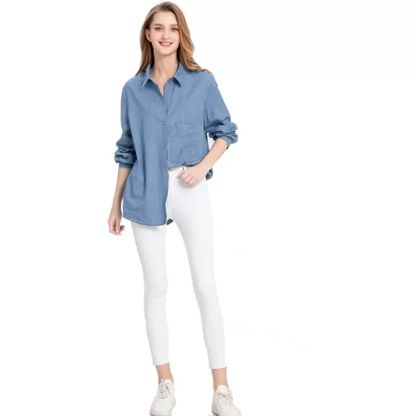 Minibee Womens Long Sleeve Shirts Button Down Blouse Cotton Tunic High Low TopsDenim Blue