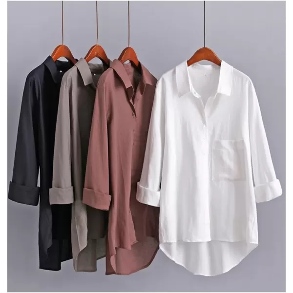 Minibee Womens Long Sleeve Shirts Button Down Blouse Cotton Tunic High Low TopsWhitelong Sleeve