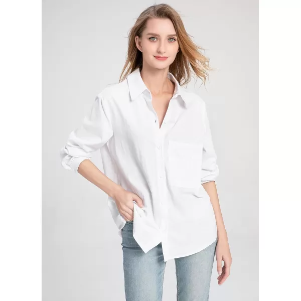 Minibee Womens Long Sleeve Shirts Button Down Blouse Cotton Tunic High Low TopsWhitelong Sleeve