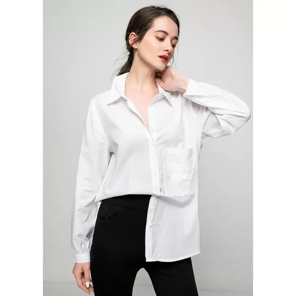 Minibee Womens Long Sleeve Shirts Button Down Blouse Cotton Tunic High Low TopsWhitelong Sleeve