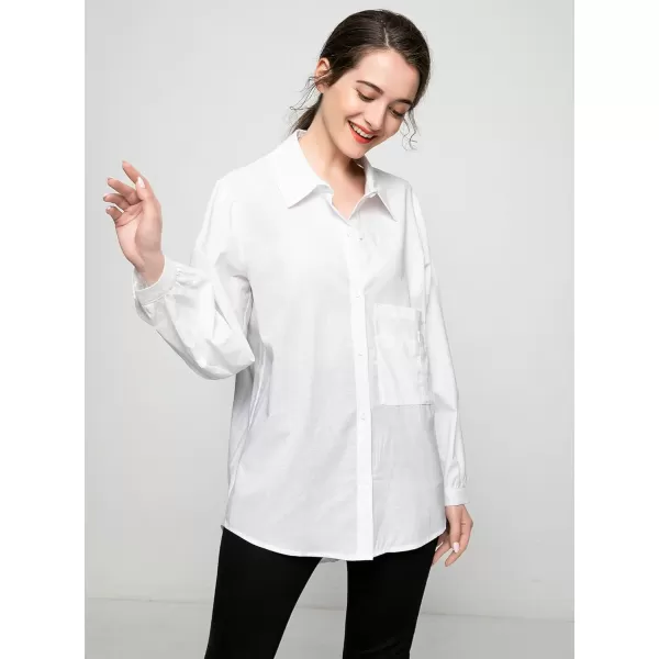 Minibee Womens Long Sleeve Shirts Button Down Blouse Cotton Tunic High Low TopsWhitelong Sleeve
