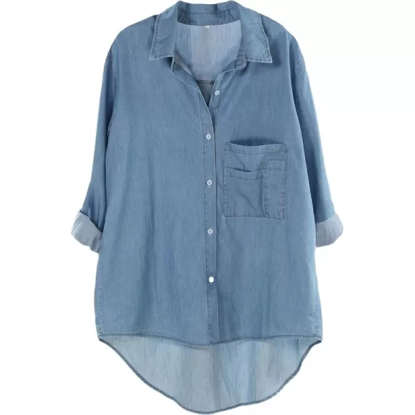 Minibee Womens Long Sleeve Shirts Button Down Blouse Cotton Tunic High Low TopsDenim Blue