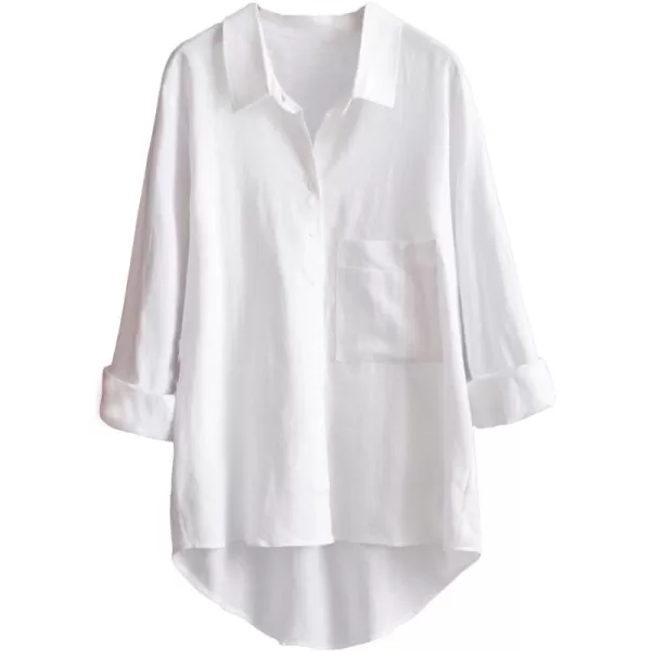 Minibee Womens Long Sleeve Shirts Button Down Blouse Cotton Tunic High Low TopsWhitelong Sleeve