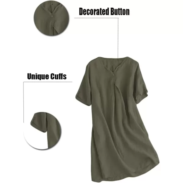 Minibee Womens Summer T Shirt Dress V Neck Linen Casual Tunic Short Sleeve Boho Flowy Sun DressesGreen