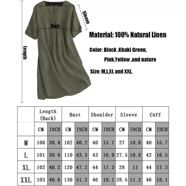 Minibee Womens Summer T Shirt Dress V Neck Linen Casual Tunic Short Sleeve Boho Flowy Sun DressesGreen