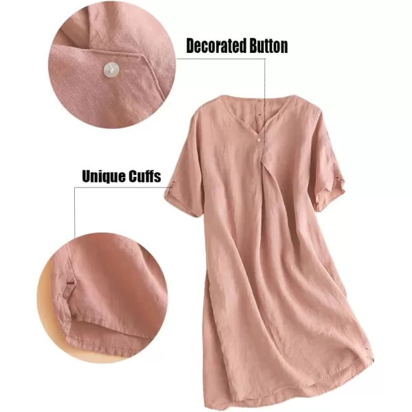 Minibee Womens Summer T Shirt Dress V Neck Linen Casual Tunic Short Sleeve Boho Flowy Sun DressesPink