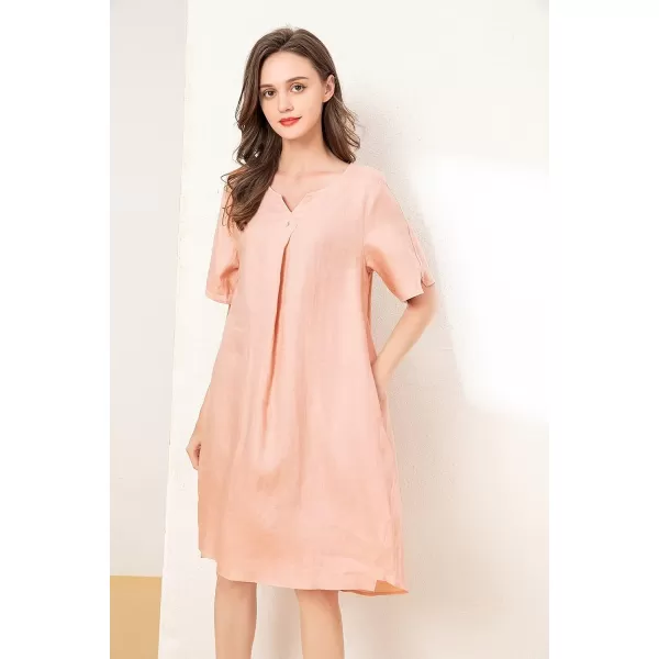 Minibee Womens Summer T Shirt Dress V Neck Linen Casual Tunic Short Sleeve Boho Flowy Sun DressesPink