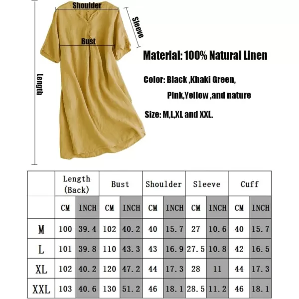 Minibee Womens Summer T Shirt Dress V Neck Linen Casual Tunic Short Sleeve Boho Flowy Sun DressesYellow