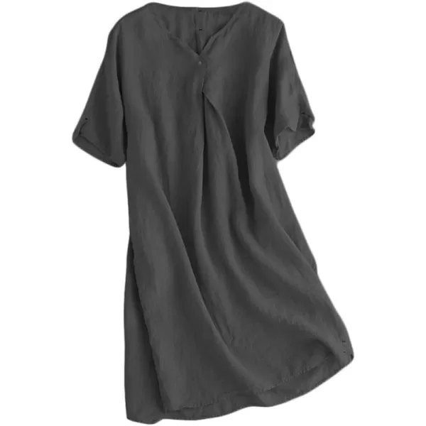 Minibee Womens Summer T Shirt Dress V Neck Linen Casual Tunic Short Sleeve Boho Flowy Sun DressesBlack