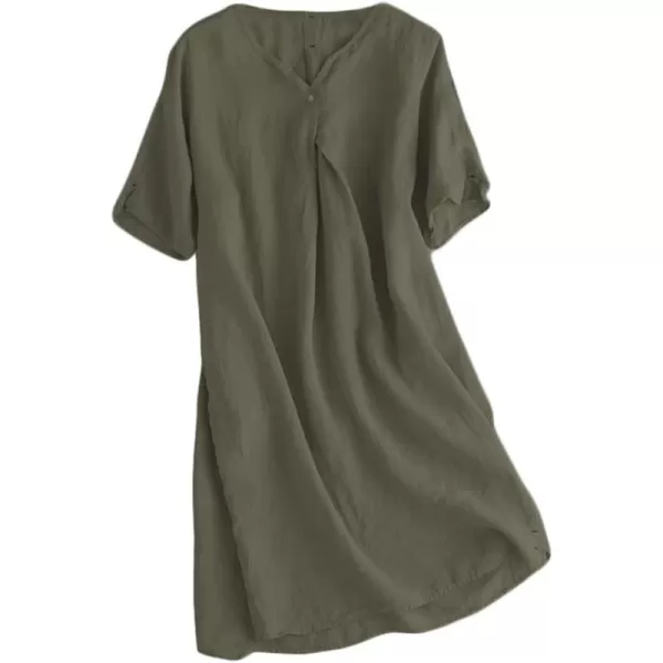 Minibee Womens Summer T Shirt Dress V Neck Linen Casual Tunic Short Sleeve Boho Flowy Sun DressesGreen