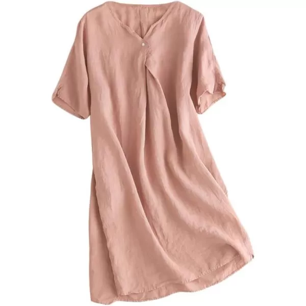 Minibee Womens Summer T Shirt Dress V Neck Linen Casual Tunic Short Sleeve Boho Flowy Sun DressesPink