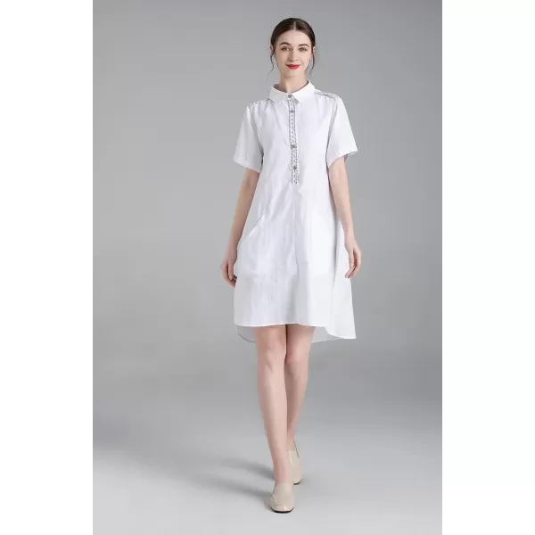 Minibee Womens Linen Dress Summer Casual Boho Sundress Short Sleeve Loose Tunic Dresses with PocketWhite