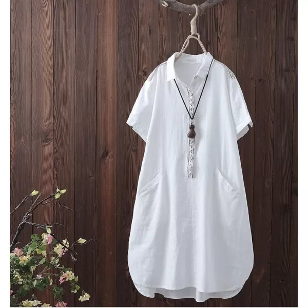 Minibee Womens Linen Dress Summer Casual Boho Sundress Short Sleeve Loose Tunic Dresses with PocketWhite