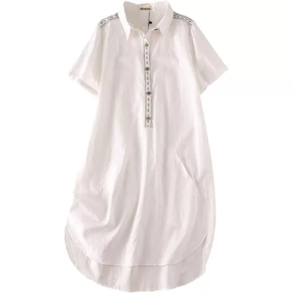 Minibee Womens Linen Dress Summer Casual Boho Sundress Short Sleeve Loose Tunic Dresses with PocketWhite