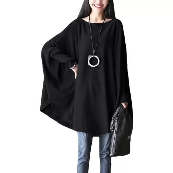 imageMinibee Womens Oversized Pullover Sweaters Batwing Long Sleeve Cable Knit Tunic Tops with PocketsBlack