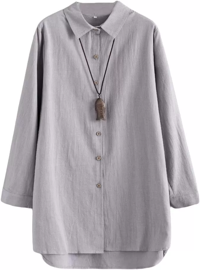 imageMinibee Womens Cotton Shirts Tunics Hi Low Tops Boyfriend Button Down BlouseGrey