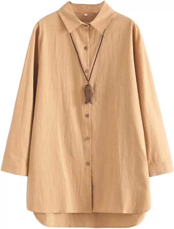 imageMinibee Womens Cotton Shirts Tunics Hi Low Tops Boyfriend Button Down BlouseKhaki