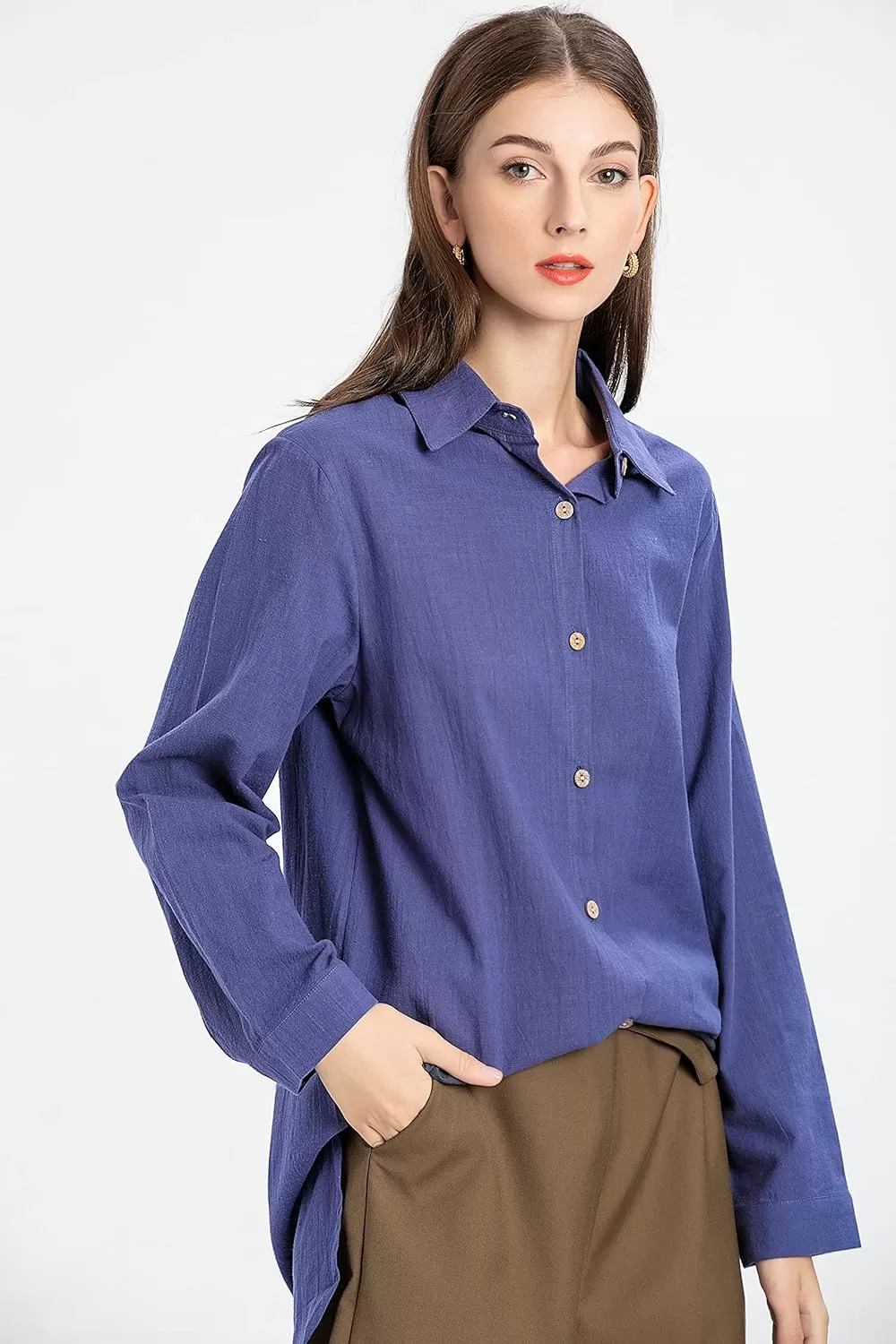 imageMinibee Womens Cotton Shirts Tunics Hi Low Tops Boyfriend Button Down BlouseNavy Blue