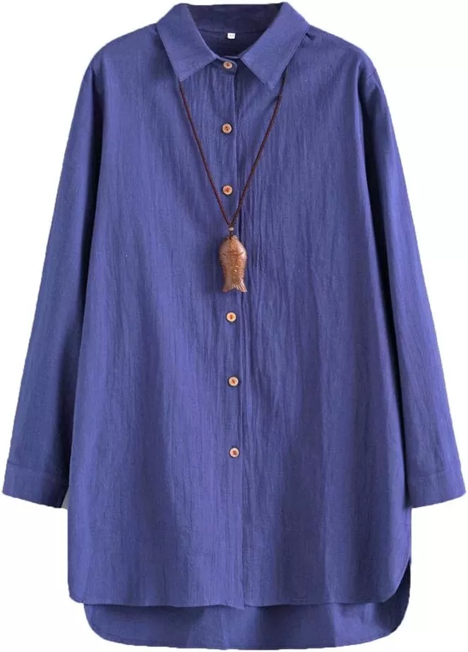 imageMinibee Womens Cotton Shirts Tunics Hi Low Tops Boyfriend Button Down BlouseNavy Blue
