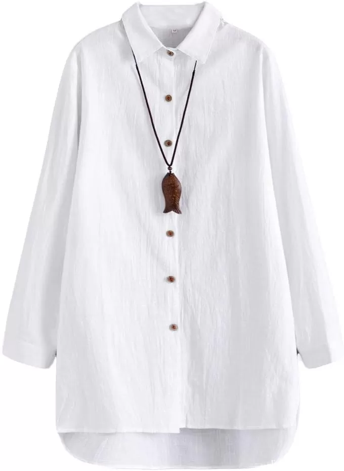 imageMinibee Womens Cotton Shirts Tunics Hi Low Tops Boyfriend Button Down BlouseWhite