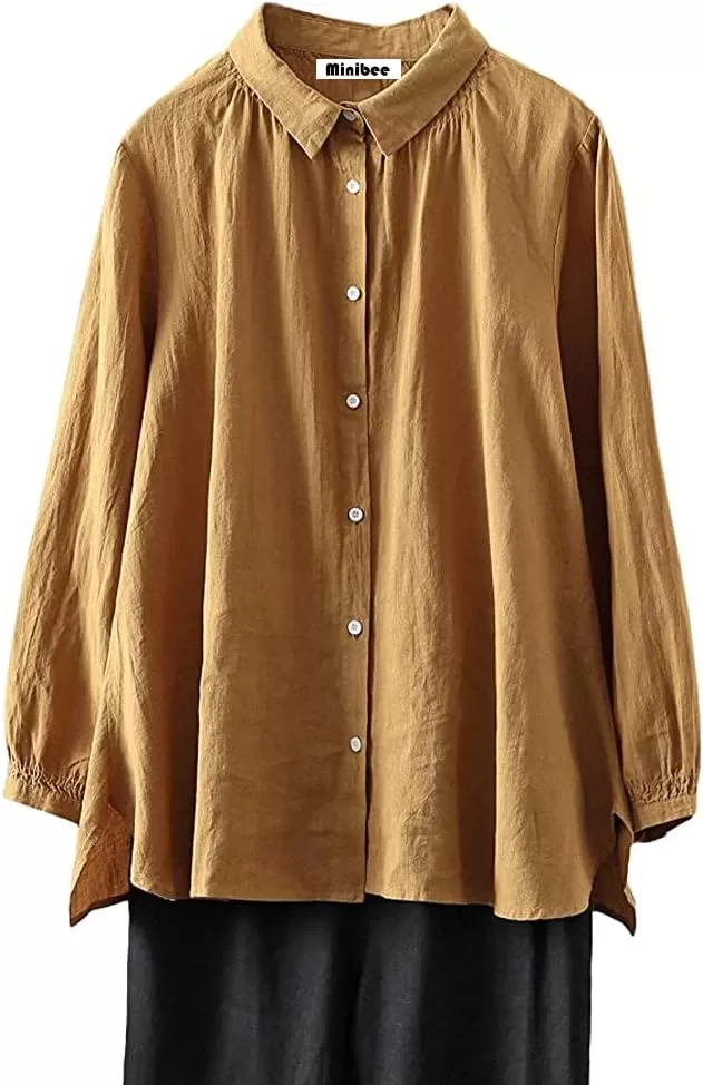 imageMinibee Womens Cotton Tunic Tops Button Closure Blouse with HiLow Hem