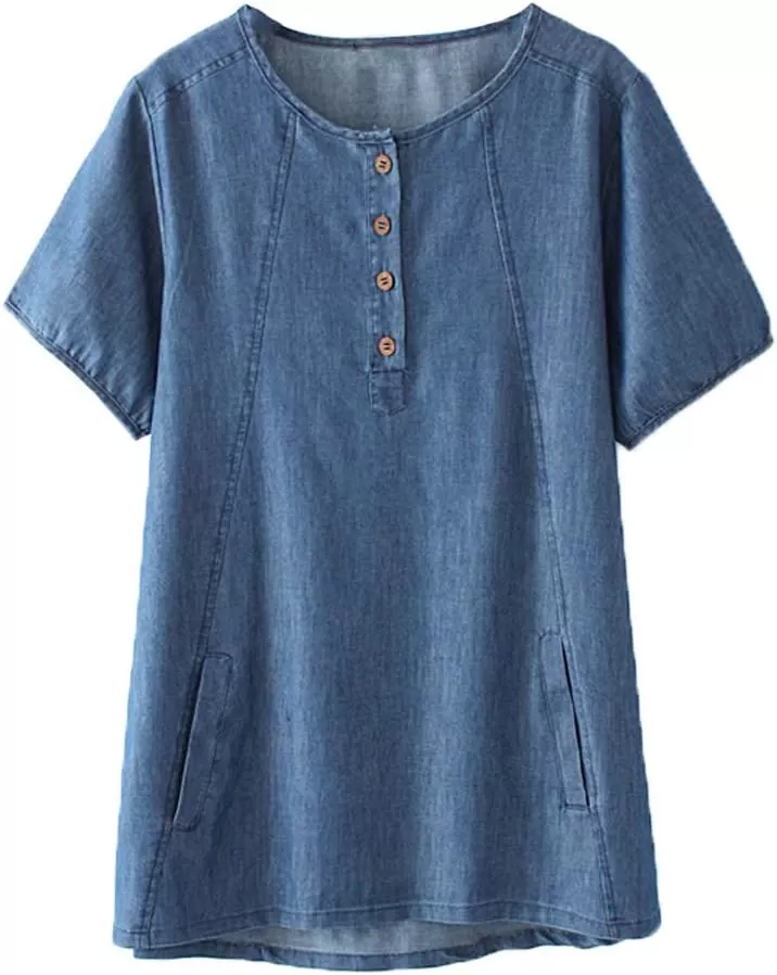 imageMinibee Womens Denim Plus Size Blouse Loose Tunics Tops ShirtXL