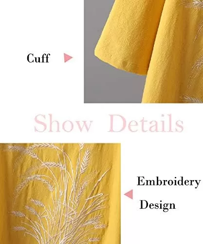 imageMinibee Womens Linen Dress Tunic Blouse Pullover Flower Embroidered High Low Shirt