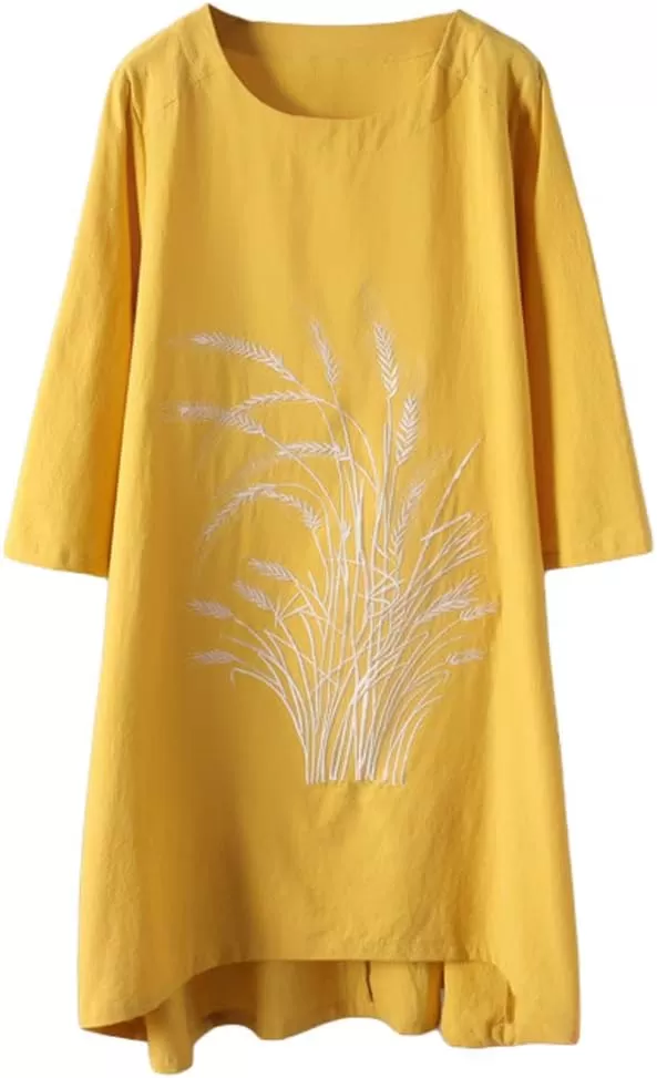 imageMinibee Womens Linen Dress Tunic Blouse Pullover Flower Embroidered High Low Shirt
