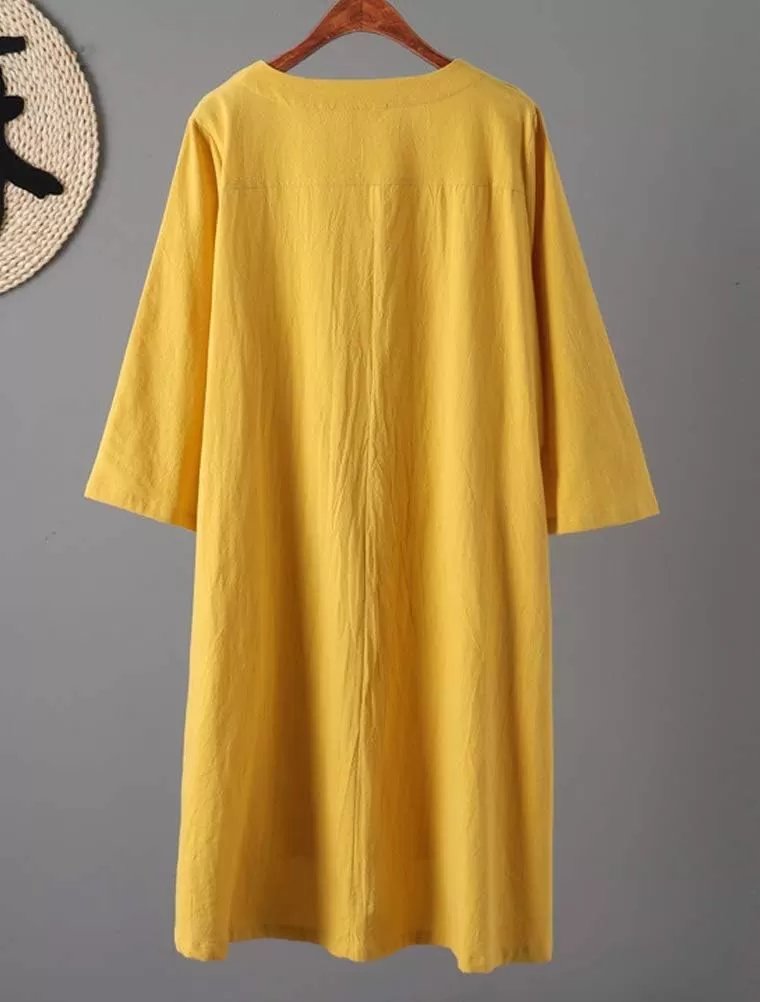 imageMinibee Womens Linen Dress Tunic Blouse Pullover Flower Embroidered High Low Shirt