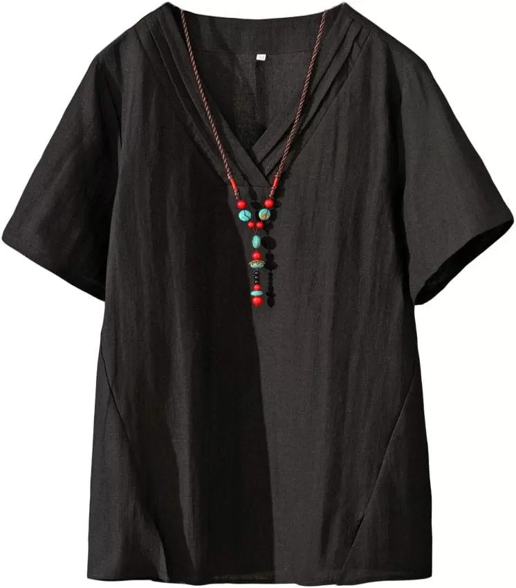 imageMinibee Womens Linen VNeck Blouse Tunic Summer Short Sleeve Shirt Tops