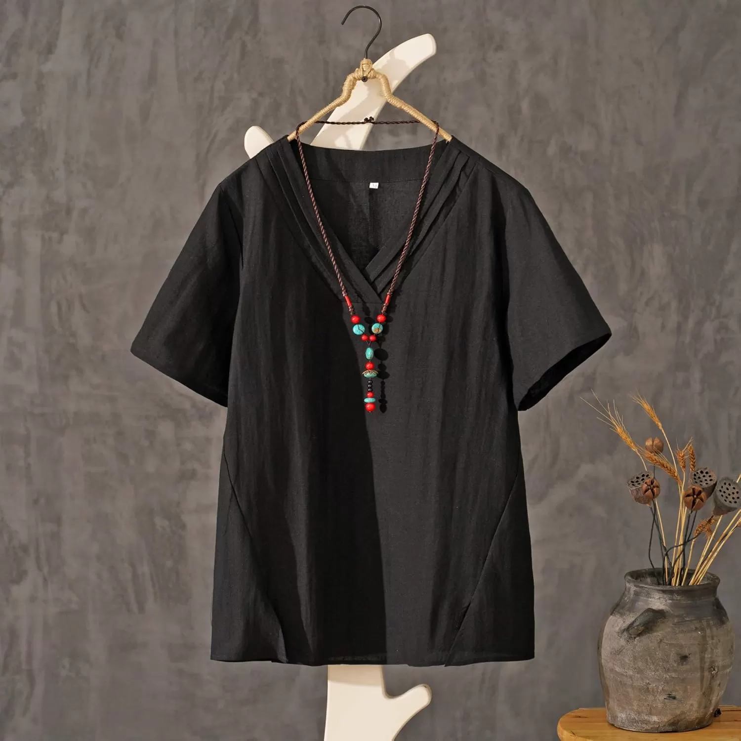 imageMinibee Womens Linen VNeck Blouse Tunic Summer Short Sleeve Shirt Tops