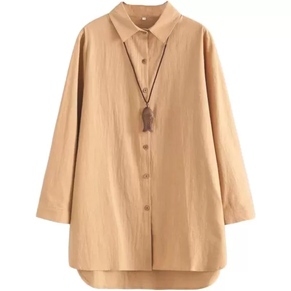 imageMinibee Womens Cotton Shirts Tunics Hi Low Tops Boyfriend Button Down BlouseKhaki