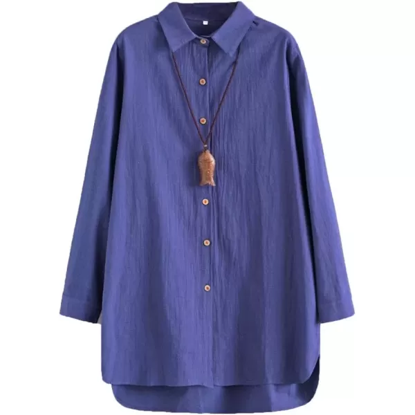 imageMinibee Womens Cotton Shirts Tunics Hi Low Tops Boyfriend Button Down BlouseNavy Blue