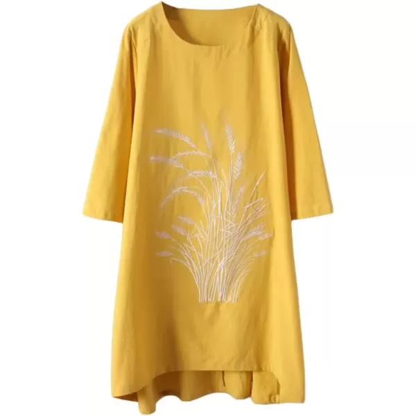 imageMinibee Womens Linen Dress Tunic Blouse Pullover Flower Embroidered High Low Shirt