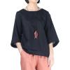 imageMinibee Womens Linen Blouse Round Neck 34 Sleeve Shirt Tops with Chinese Frog ButtonBlack
