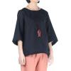 imageMinibee Womens Linen Blouse Round Neck 34 Sleeve Shirt Tops with Chinese Frog ButtonBlack