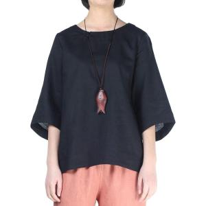 imageMinibee Womens Linen Blouse Round Neck 34 Sleeve Shirt Tops with Chinese Frog ButtonBlack