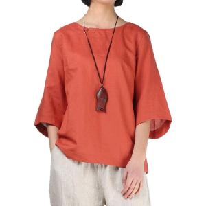 imageMinibee Womens Linen Blouse Round Neck 34 Sleeve Shirt Tops with Chinese Frog ButtonOrange