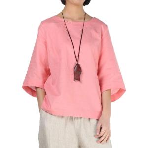 imageMinibee Womens Linen Blouse Round Neck 34 Sleeve Shirt Tops with Chinese Frog ButtonPink