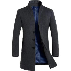 imageMinibee Mens Trench Coat Wool Blend Slim Fit Long Jacket Business Pea Overcoat Grey 2XL Style 2