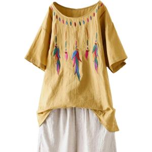 imageMinibee Womens Boho Embroidered Tops Short Sleeve Bohemian Linen Shirts Casual Mexican Blouses