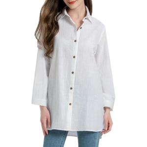 imageMinibee Womens Long Sleeve Shirts Button Down Blouse Cotton Tunic High Low Tops White