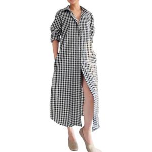 imageMinibee Womens Plaid Shirts Dress Button Down Long Sleeve Cotton Casual Blouses Dresses with PocketsBlack