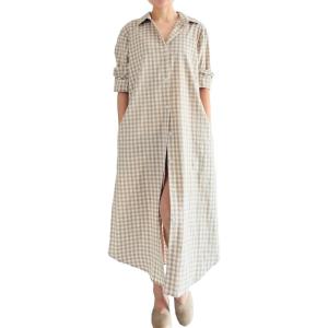 imageMinibee Womens Plaid Shirts Dress Button Down Long Sleeve Cotton Casual Blouses Dresses with PocketsKhaki